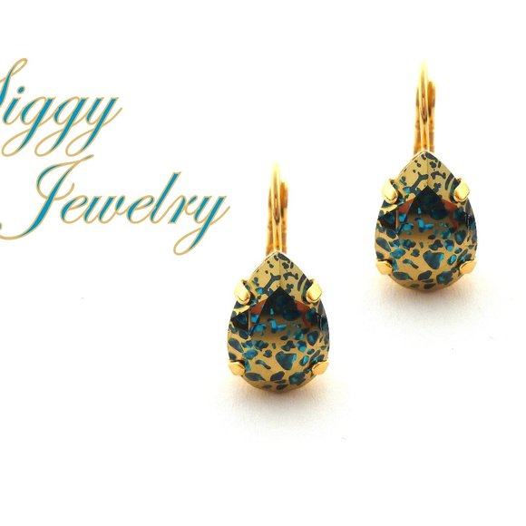 Aquamarine Gold Patina Premium Crystal Pear Shaped Drop Lever Back Earrings - Picture 1 of 6